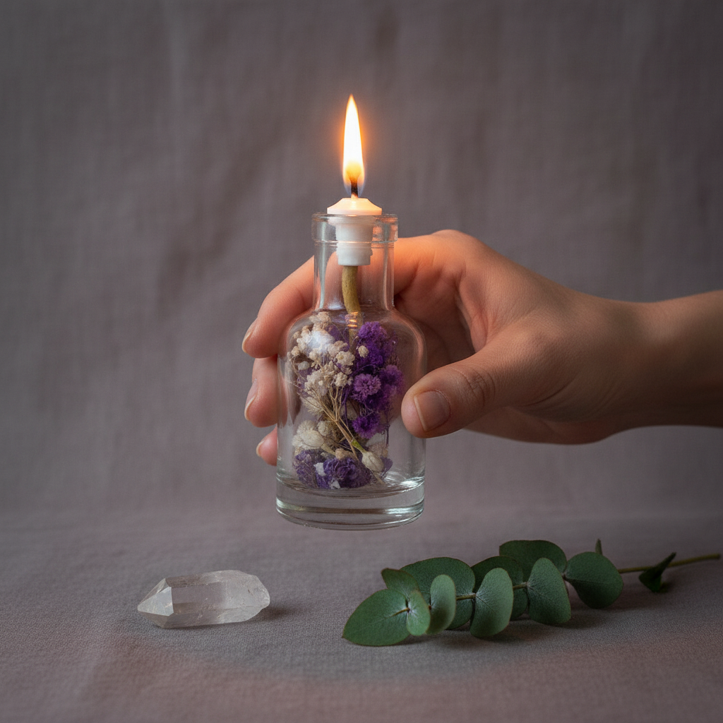 A hand holding a refillable Aquarius oil candle in a clear glass vessel with dried purple and neutral flowers, showing its size against a soft neutral background with a crystal and eucalyptus nearby. — for Carpe Diem Dream