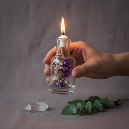 A hand holding a refillable Aquarius oil candle in a clear glass vessel with dried purple and neutral flowers, showing its size against a soft neutral background with a crystal and eucalyptus nearby. — for Carpe Diem Dream