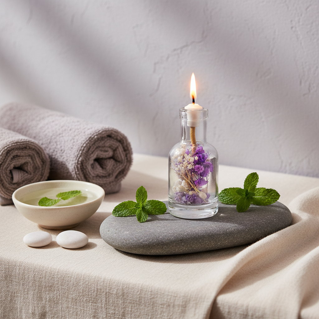 A refillable Aquarius oil candle in a clear glass vessel with dried purple and neutral flowers, lit on a soft linen surface with spa stones, rolled towels, and fresh mint leaves in a calm, serene setting. — for Carpe Diem Dream