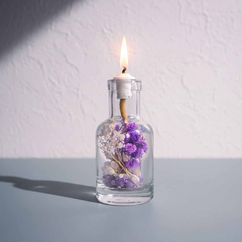 A refillable Aquarius oil candle in a clear glass vessel with dried purple and neutral flowers, lit against a textured light wall with soft natural shadows on a minimal surface. — for Carpe Diem Dream