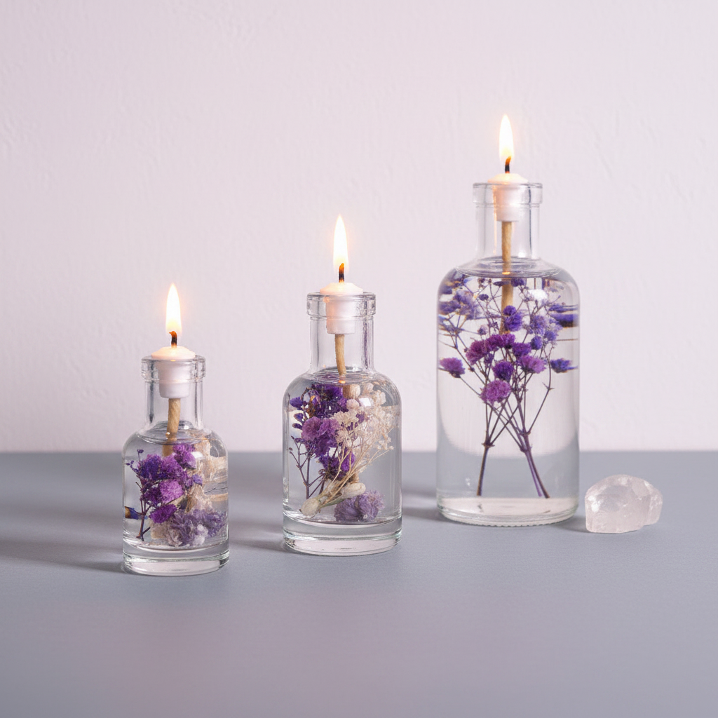 Three refillable Aquarius oil candles in different sizes displayed in a clean lineup on a neutral surface, each in a clear glass vessel with dried purple flowers inside and a lit flame. — for Carpe Diem Dream