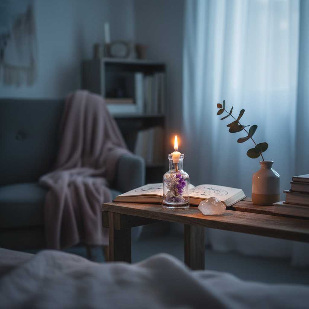 A refillable Aquarius oil candle glowing on a wooden table beside an open journal, crystal, and soft textiles in a calm, dimly lit room with a chair and window in the background. — for Carpe Diem Dream