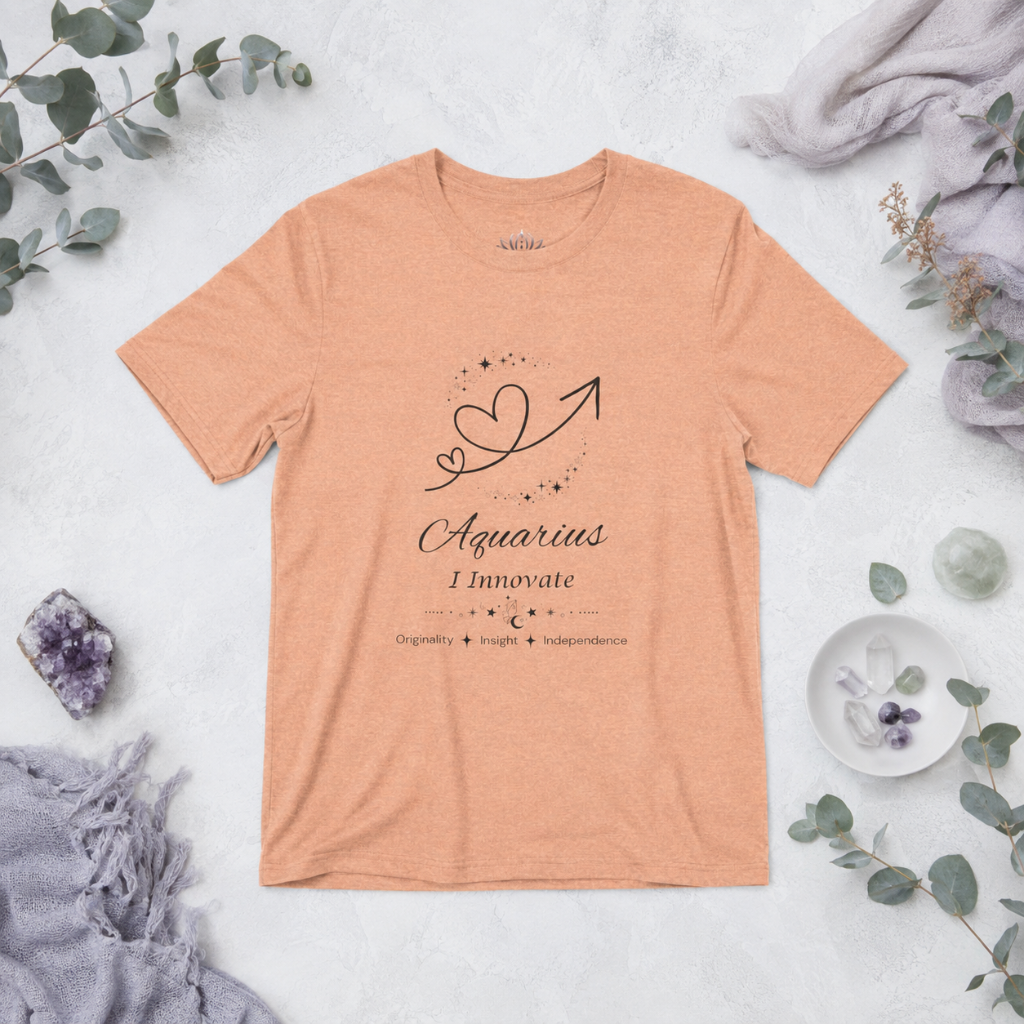 Aquarius Rising I Innovate zodiac T-shirt in Heather Peach with black celestial heart and arrow artwork and Originality, Insight, Independence text, styled in a cool-toned studio botanical flat lay. — for Carpe Diem Dream