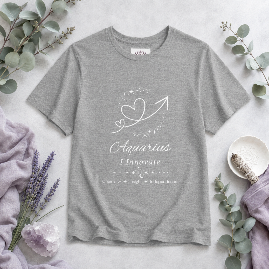 Aquarius Rising I Innovate zodiac T-shirt in Athletic Heather with white celestial heart and arrow artwork and Originality, Insight, Independence text, styled in a cool-toned studio botanical flat lay. — for Carpe Diem Dream