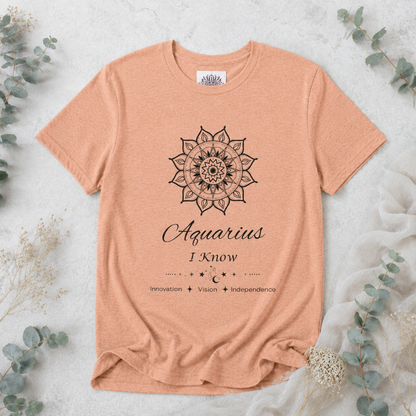 Aquarius Sun I Know zodiac T-shirt in heather peach with black sun-inspired mandala artwork and Innovation, Vision, Independence text, styled in a cool-toned studio botanical flat lay. — for Carpe Diem Dream