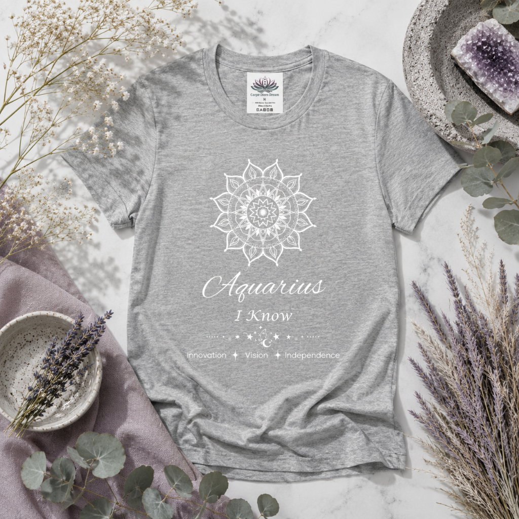 Aquarius Sun I Know zodiac T-shirt in athletic heather with white sun-inspired mandala artwork and Innovation, Vision, Independence text, styled in a cool-toned studio botanical flat lay. — for Carpe Diem Dream