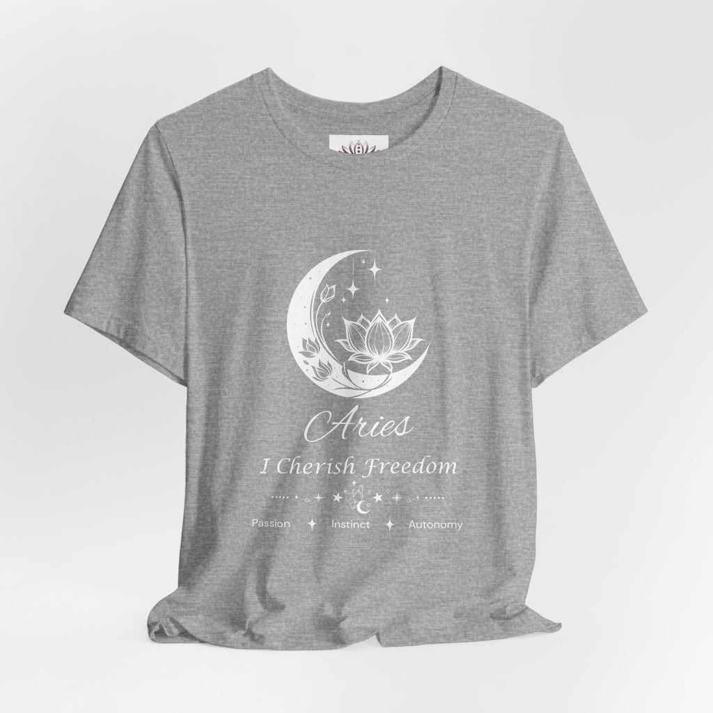 Aries Moon I Cherish Freedom zodiac T-shirt in athletic heather with white moon-inspired lotus, floral, and celestial artwork and Passion, Instinct, Autonomy text, shown in a front-view supplier mockup. — for Carpe Diem Dream