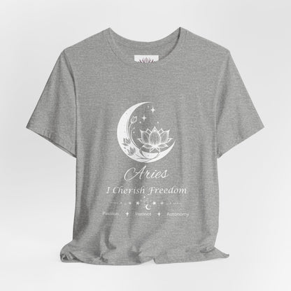 Aries Moon I Cherish Freedom zodiac T-shirt in athletic heather with white moon-inspired lotus, floral, and celestial artwork and Passion, Instinct, Autonomy text, shown in a front-view supplier mockup. — for Carpe Diem Dream