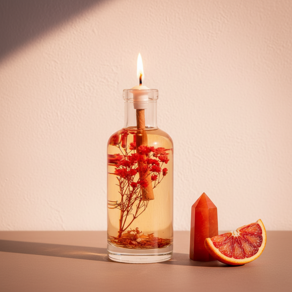 A 12 oz Aries oil candle in a clear glass vessel with embedded red botanicals is displayed beside a blood orange slice and a red crystal on a warm neutral surface. — for Carpe Diem Dream