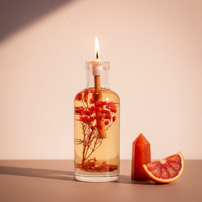 A 12 oz Aries oil candle in a clear glass vessel with embedded red botanicals is displayed beside a blood orange slice and a red crystal on a warm neutral surface. — for Carpe Diem Dream