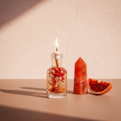 A 3 oz Aries oil candle in a clear glass vessel with embedded red botanicals is displayed beside a blood orange slice and a red crystal on a warm neutral surface. — for Carpe Diem Dream