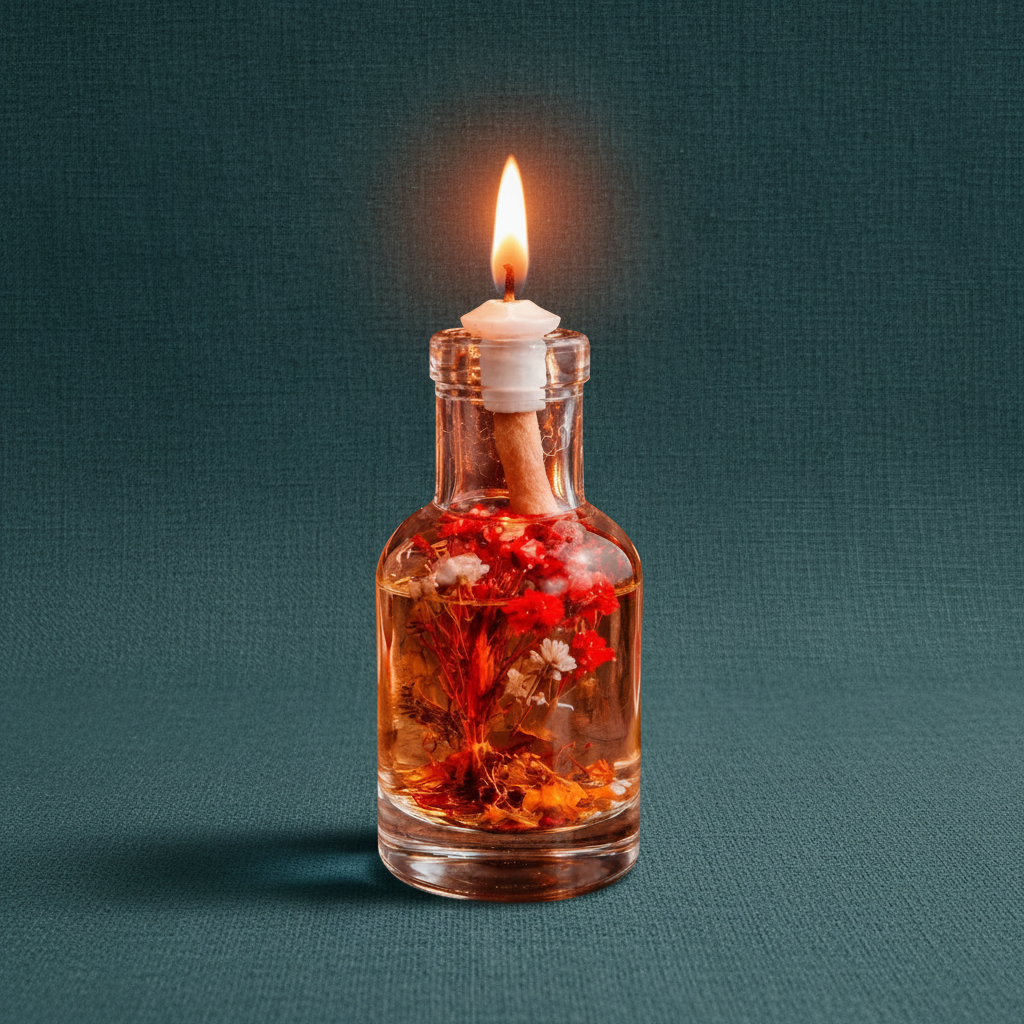 A refillable Aries oil candle in a clear glass vessel with embedded red botanicals glowing against a deep teal textured background. — for Carpe Diem Dream