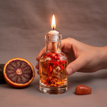 A hand holds an Aries oil candle in a clear glass vessel with embedded red botanicals beside a sliced blood orange and stone on a neutral surface, showing scale. — for Carpe Diem Dream