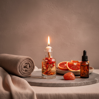 An Aries oil candle in a clear glass vessel with embedded red botanicals sits on a stone tray with a rolled towel, blood orange slices, and an amber dropper bottle in a warm spa setting. — for Carpe Diem Dream