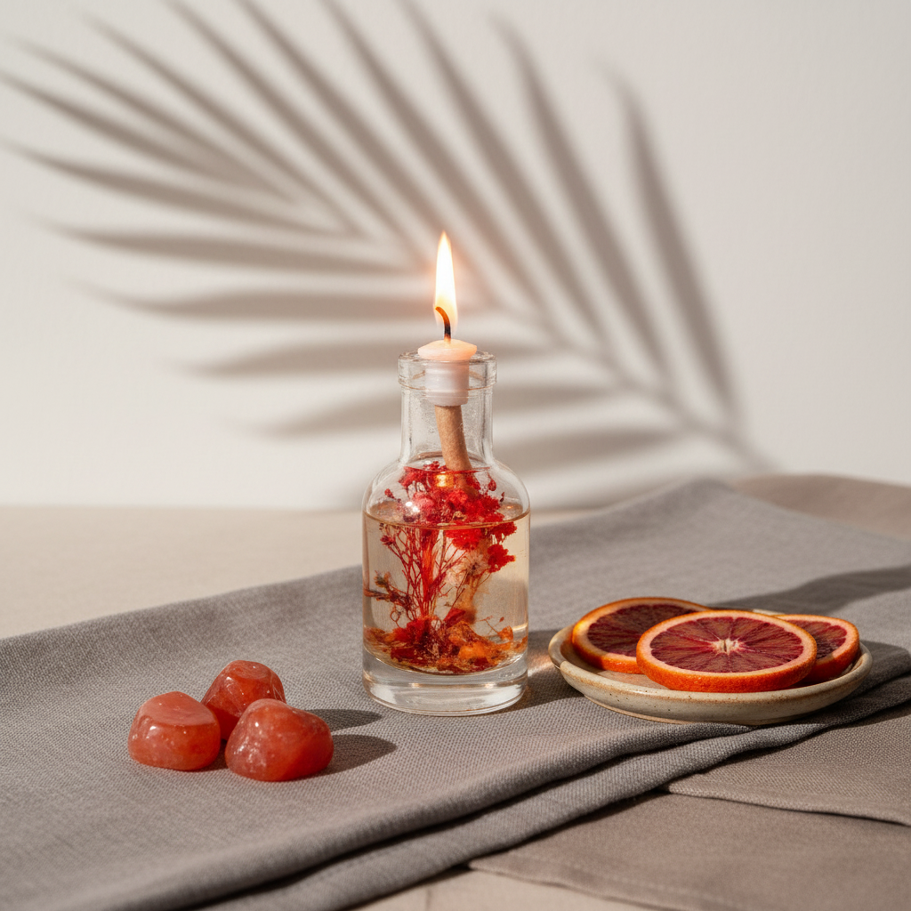 An Aries oil candle in a clear glass vessel with embedded red botanicals sits on soft linen with dried orange slices and crystals, with botanical shadows cast on a neutral wall. — for Carpe Diem Dream