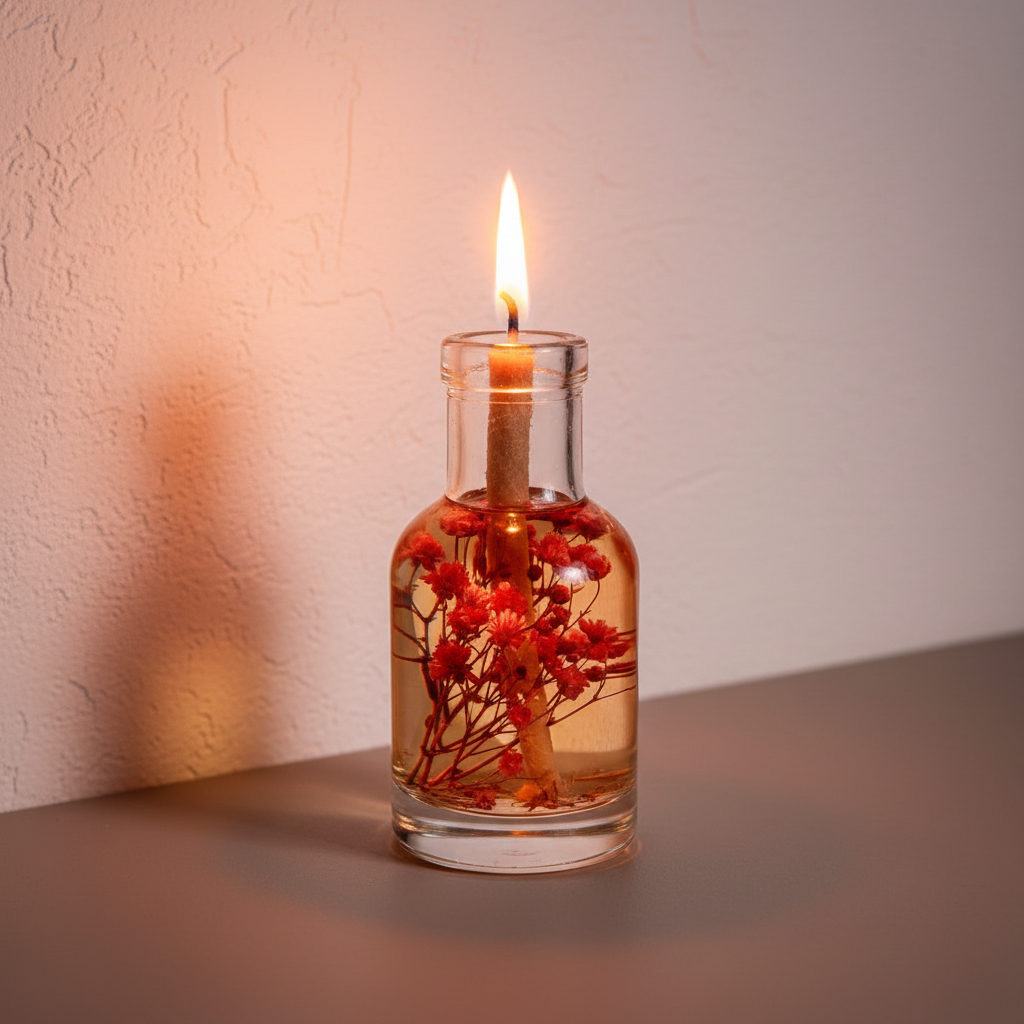 An Aries oil candle in a clear glass vessel with embedded red botanicals glows softly against a warm neutral wall with subtle texture and shadow. — for Carpe Diem Dream