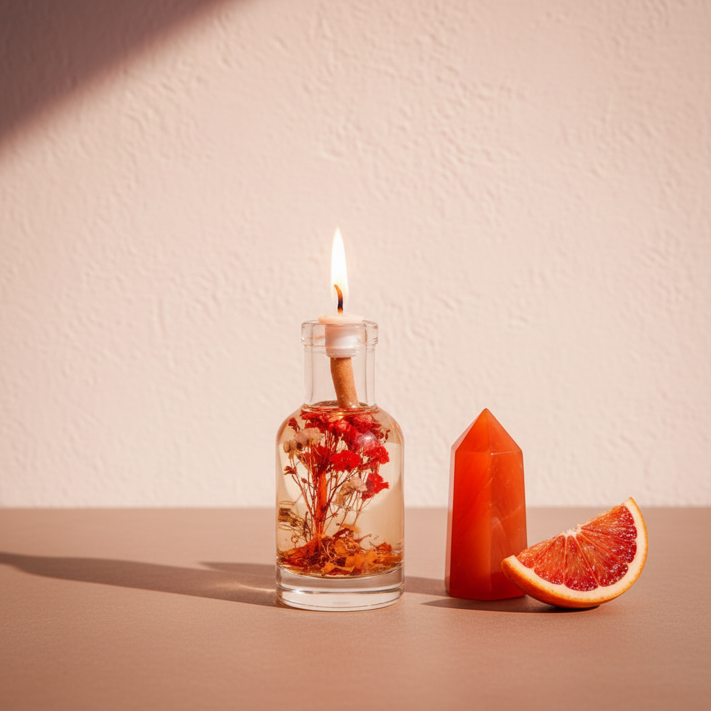A 6 oz Aries oil candle in a clear glass vessel with embedded red botanicals is displayed beside a blood orange slice and a red crystal on a warm neutral surface. — for Carpe Diem Dream