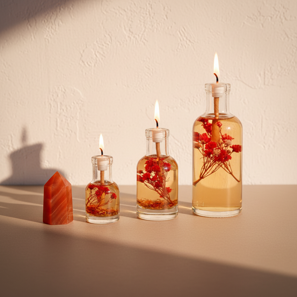Three Aries oil candles in different sizes are displayed in clear glass vessels with embedded red botanicals beside a red crystal on a warm neutral surface. — for Carpe Diem Dream