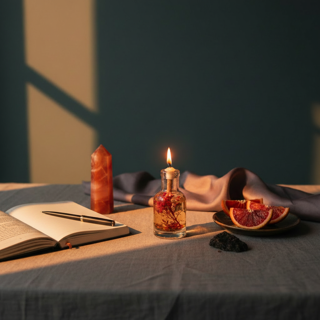 An Aries oil candle in a clear glass vessel with embedded red botanicals sits on a linen-covered table beside an open journal, pen, blood orange slices, and a red crystal in warm, moody lighting. — for Carpe Diem Dream