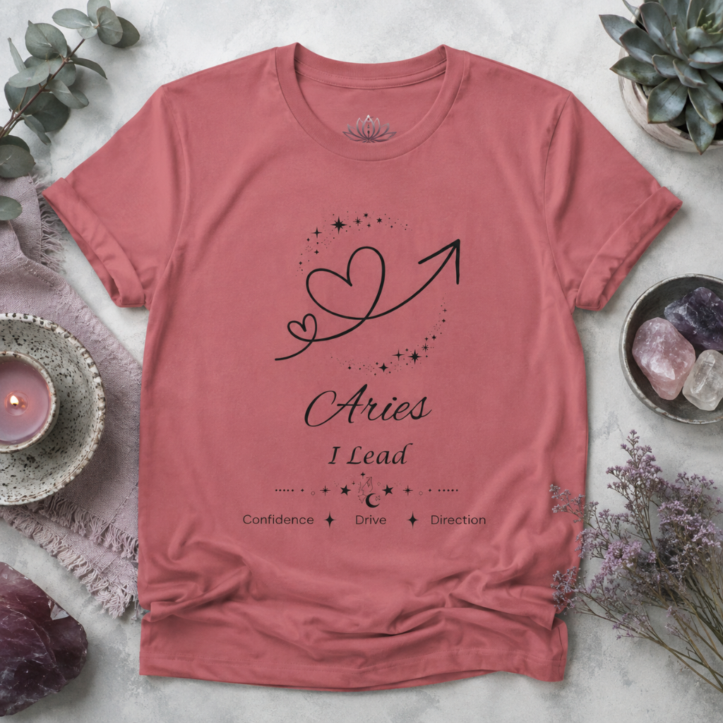 Aries Rising I Lead zodiac T-shirt in mauve with black ascendant-inspired celestial artwork and Confidence, Drive, Direction text, styled in a cool-toned studio botanical flat lay. — for Carpe Diem Dream