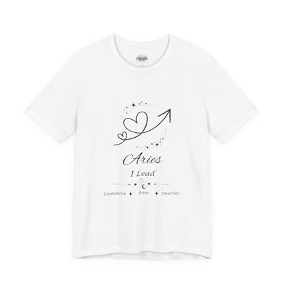 White Aries Rising I Lead zodiac T-shirt with black ascendant-inspired celestial artwork, shown in a flat supplier mockup. — for Carpe Diem Dream