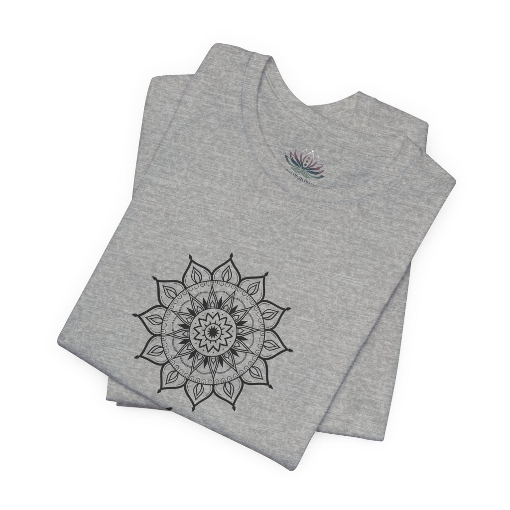 Aries Sun I Am zodiac T-shirt in athletic heather with black mandala artwork, shown folded with Carpe Diem Dream neck label in a supplier mockup. — for Carpe Diem Dream