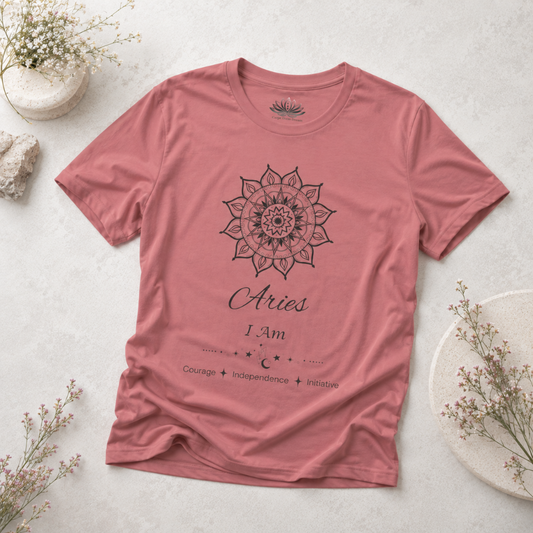 Aries Sun I Am zodiac T-shirt in mauve with black mandala artwork and Courage, Independence, Initiative text, styled in a cool-toned studio botanical flat lay. — for Carpe Diem Dream