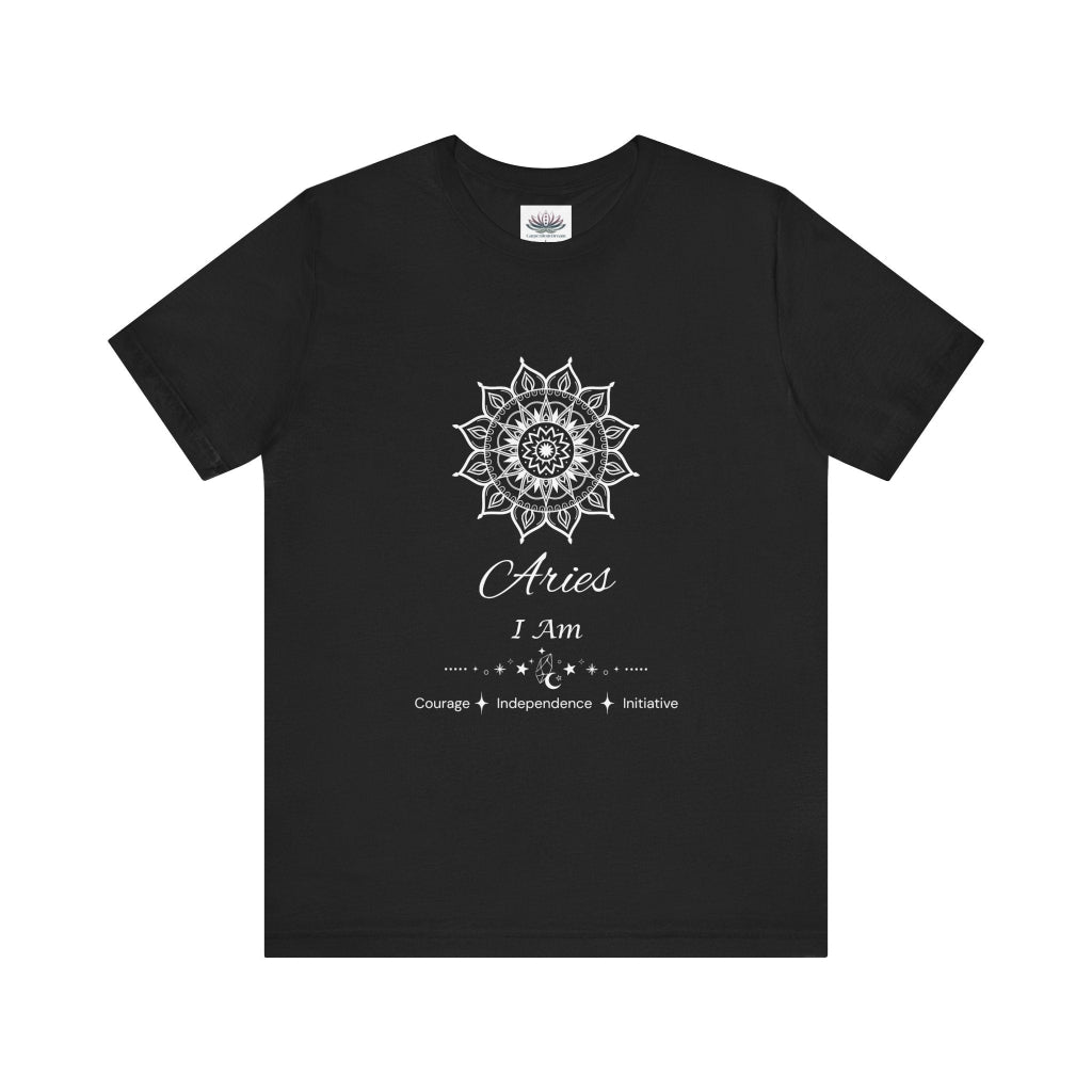 Aries Sun I Am zodiac T-shirt in black with white sun-inspired mandala artwork and Courage, Independence, Initiative text, shown flat in a supplier mockup. — for Carpe Diem Dream
