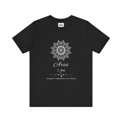 Aries Sun I Am zodiac T-shirt in black with white sun-inspired mandala artwork and Courage, Independence, Initiative text, shown flat in a supplier mockup. — for Carpe Diem Dream