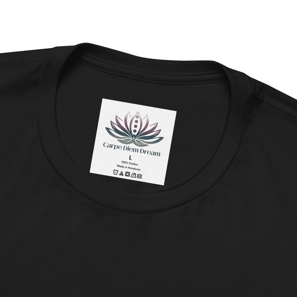 Aries Sun I Am zodiac T-shirt in black with close-up view of the custom Carpe Diem Dream inner neck label in a supplier mockup. — for Carpe Diem Dream