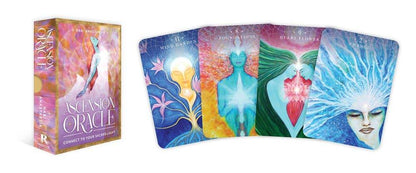 Ascension Oracle Deck by Nari Anastarsia showing the full card spread beside its box, featuring colorful spiritual art with radiant blue, green, and pink tones, styled for Carpe Diem Dream.