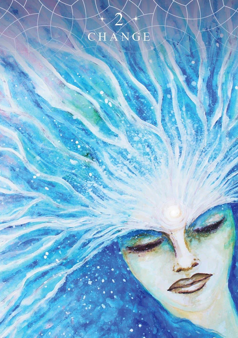 “Change” card from the Ascension Oracle Deck by Nari Anastarsia, depicting a serene face with radiant blue and white flowing hair, symbolizing transformation and spiritual awakening, styled for Carpe Diem Dream.