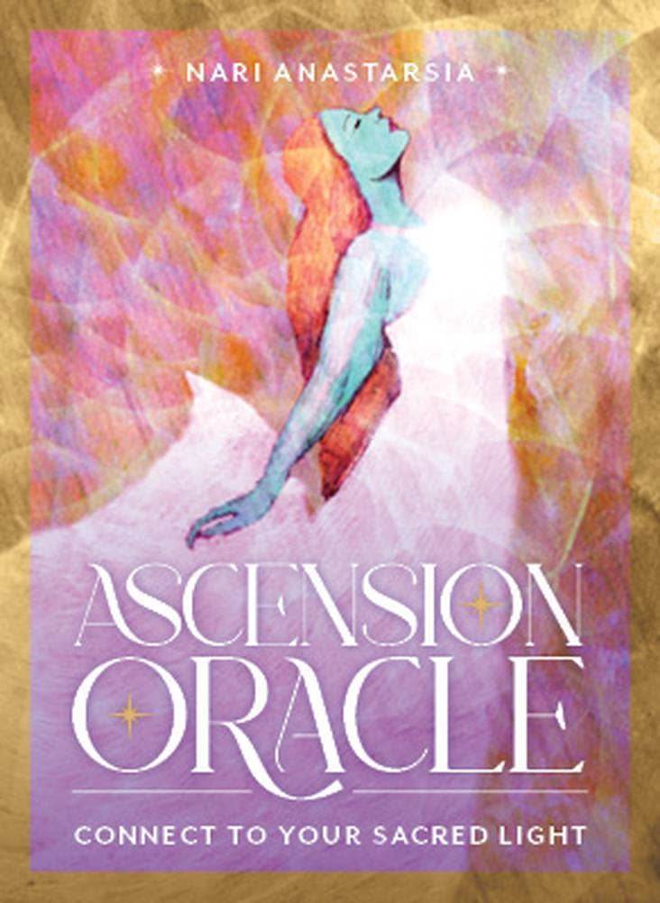 Ascension Oracle Deck box cover by Nari Anastarsia, featuring a radiant figure ascending in a colorful pastel light with gold borders and geometric energy patterns, styled for Carpe Diem Dream.
