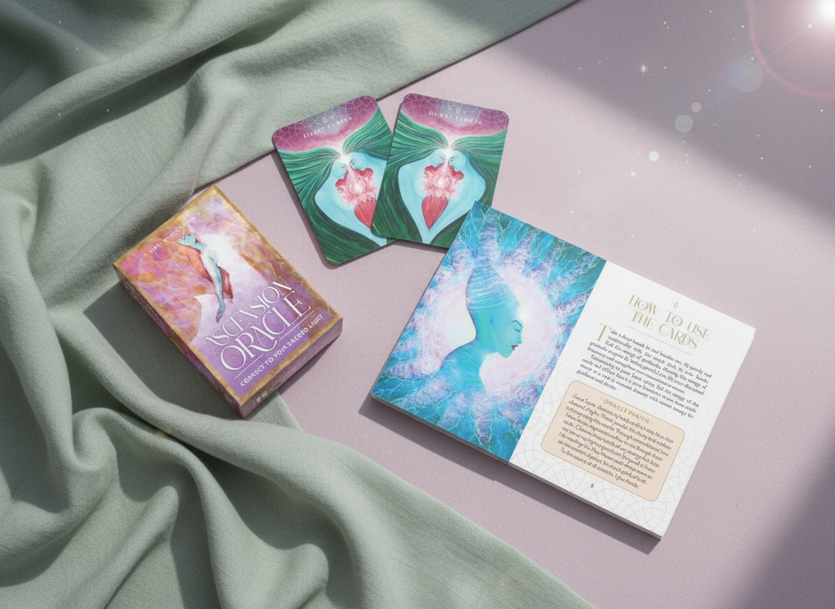 Flatlay of the Ascension Oracle Deck by Nari Anastarsia, featuring the box, cards, and guidebook arranged on soft pastel fabric with ethereal lighting, styled for Carpe Diem Dream.