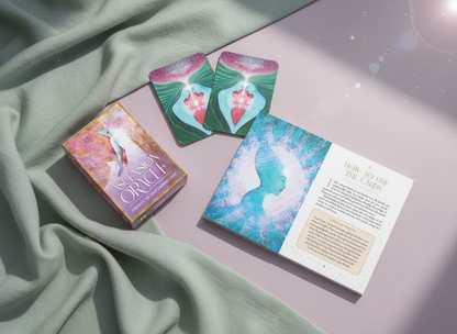 Flatlay of the Ascension Oracle Deck by Nari Anastarsia, featuring the box, cards, and guidebook arranged on soft pastel fabric with ethereal lighting, styled for Carpe Diem Dream.