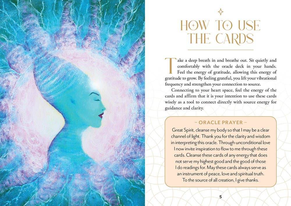 “How to Use the Cards” guidebook page from the Ascension Oracle Deck by Nari Anastarsia, featuring an ethereal blue and pink illustration of a serene face beside instructional text and an oracle prayer, styled for Carpe Diem Dream.
