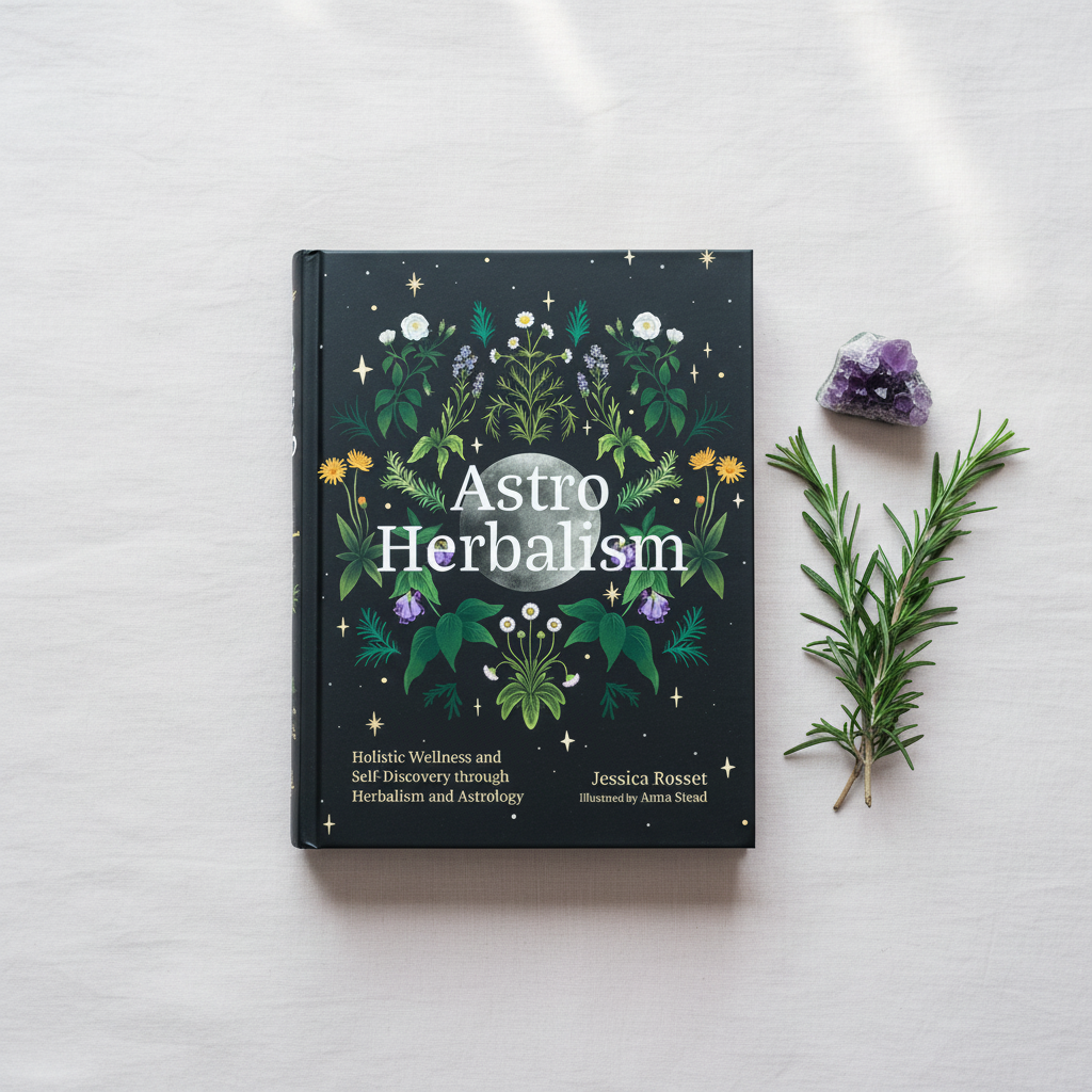 Astro Herbalism by Jessica Rosset displayed beside rosemary and an amethyst crystal highlighting the book’s botanical wellness theme. — for Carpe Diem Dream