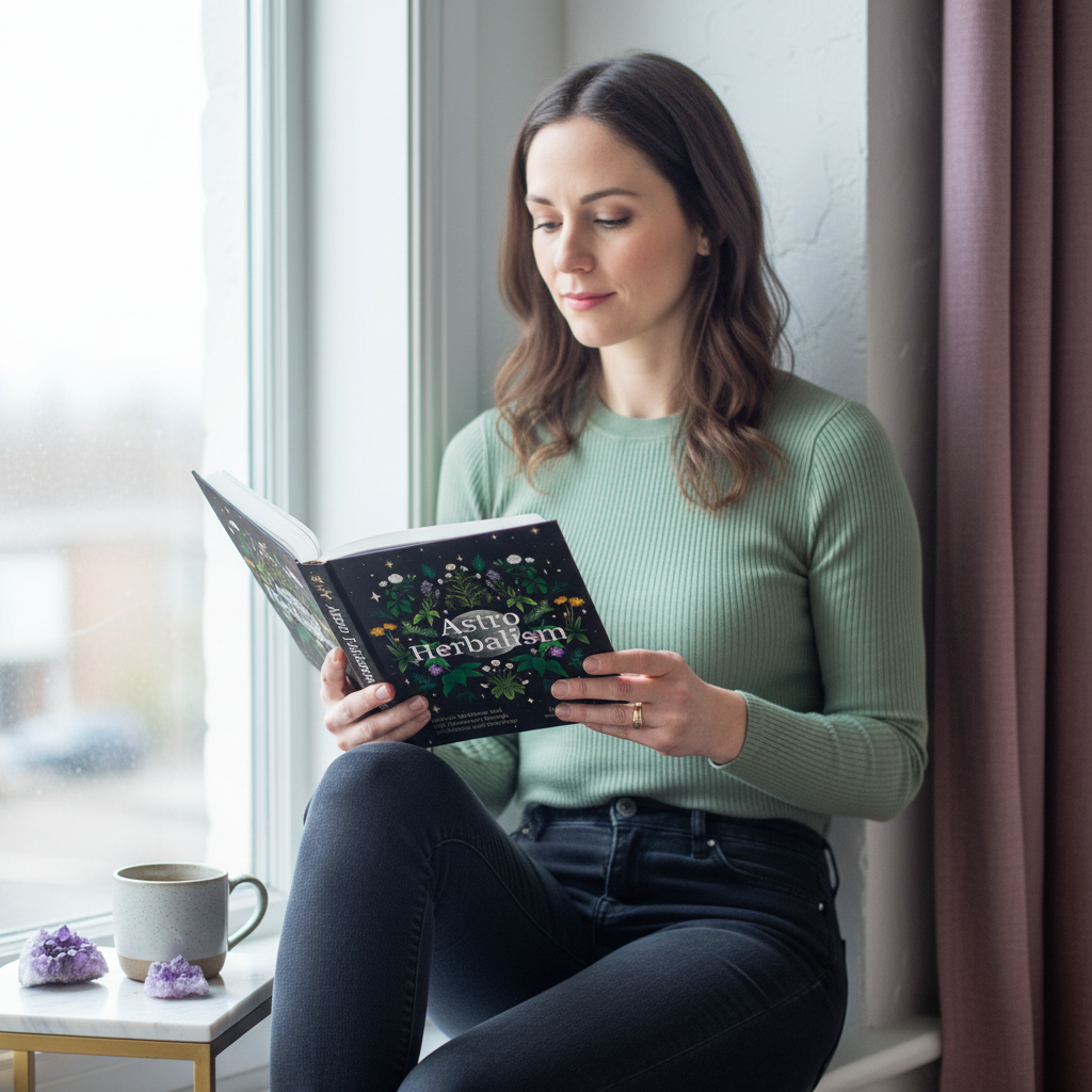 Woman reading Astro Herbalism by Jessica Rosset beside crystals and a warm beverage in a calm reflective wellness setting. — for Carpe Diem Dream