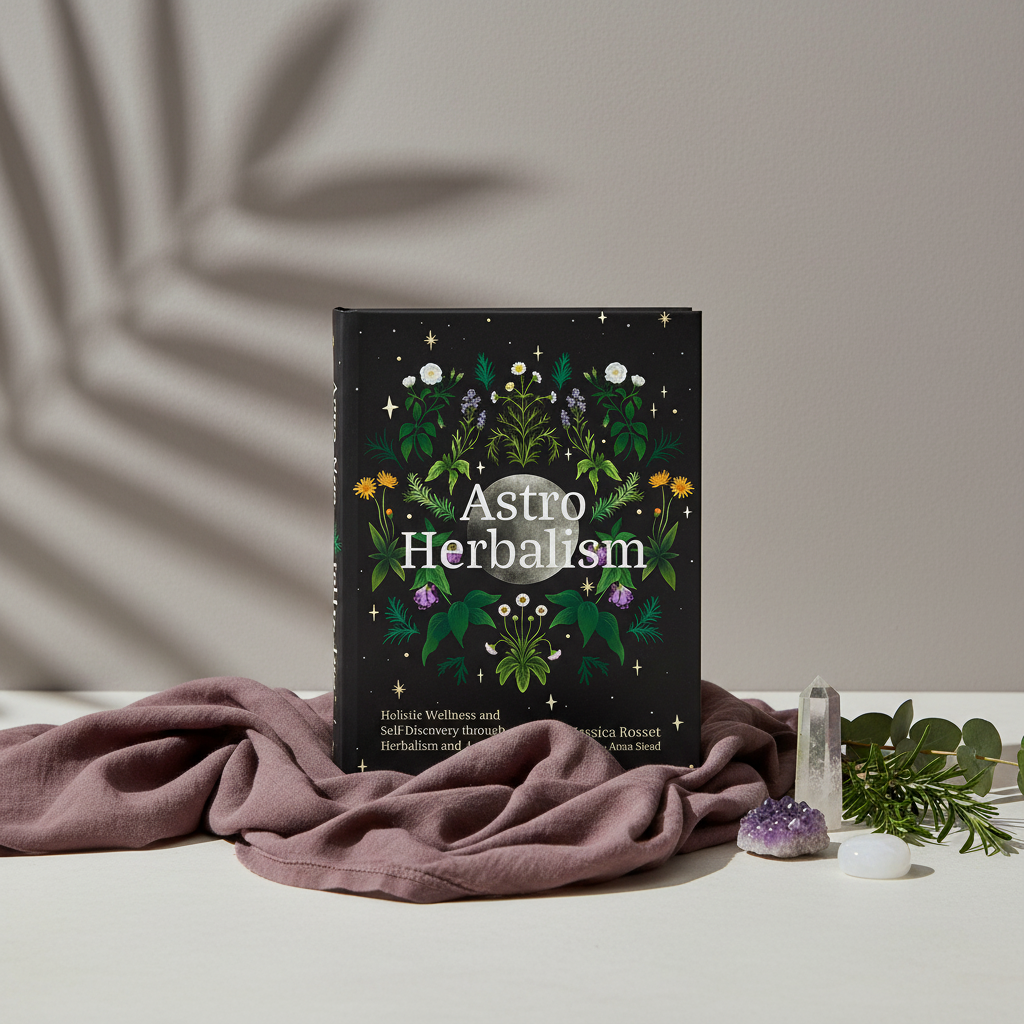 Astro Herbalism by Jessica Rosset displayed with eucalyptus, crystals, and softly draped mauve linen in a botanical-inspired wellness setting. — for Carpe Diem Dream