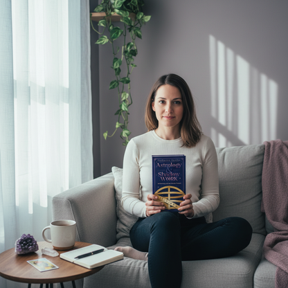 Woman seated on a sofa holding Astrology & Shadow Work by Catherine Gerdes beside a journal, crystal, and tea in a peaceful self-reflection setting. — for Carpe Diem Dream