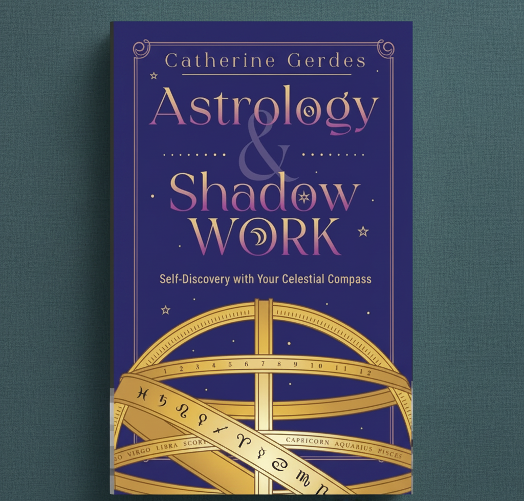 Astrology & Shadow Work by Catherine Gerdes standing upright against a textured teal-grey background with celestial astrology artwork and gold armillary sphere details. — for Carpe Diem Dream