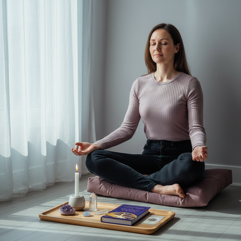 Astrology & Shadow Work by Catherine Gerdes displayed beside crystals and a candle in a peaceful meditation space with a woman seated in mindful reflection. — for Carpe Diem Dream