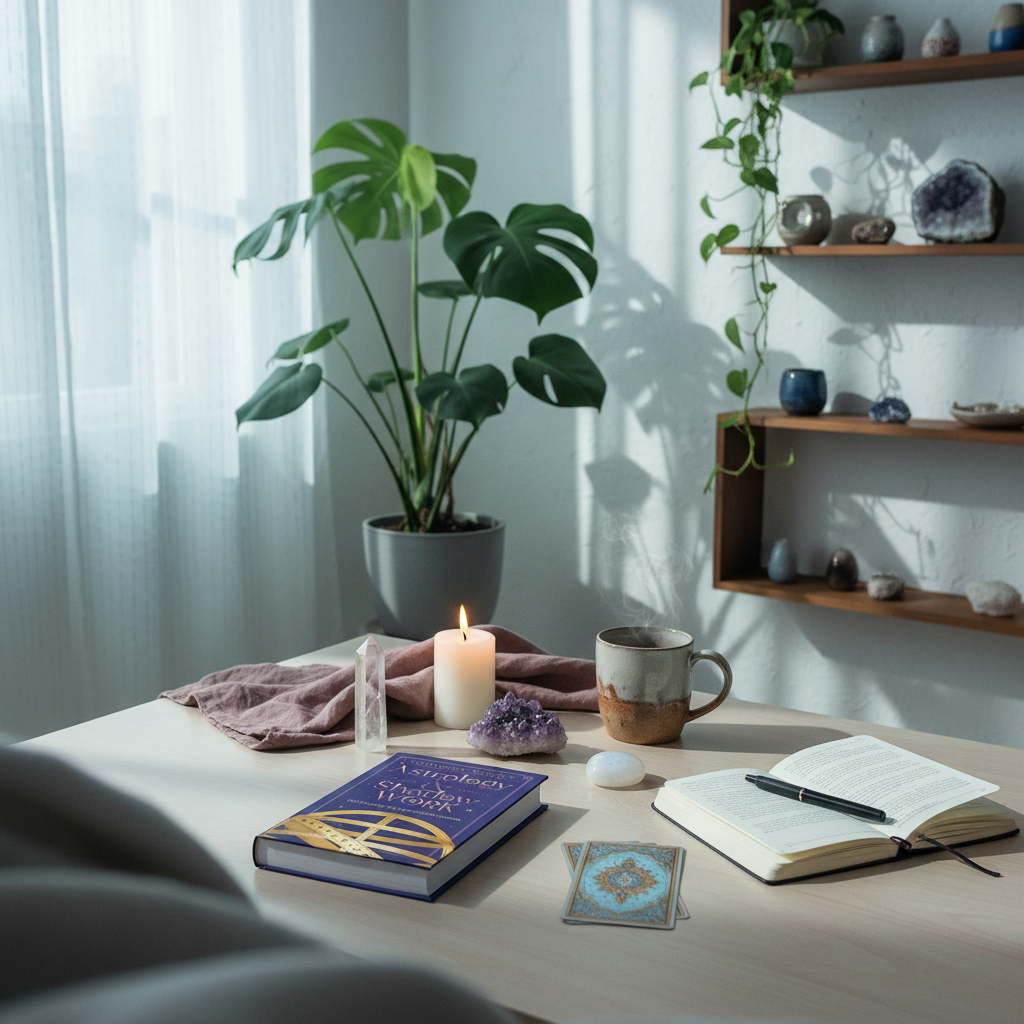 Astrology & Shadow Work by Catherine Gerdes displayed with a journal, tarot card, crystals, candle, and botanical accents in a peaceful home sanctuary setting. — for Carpe Diem Dream