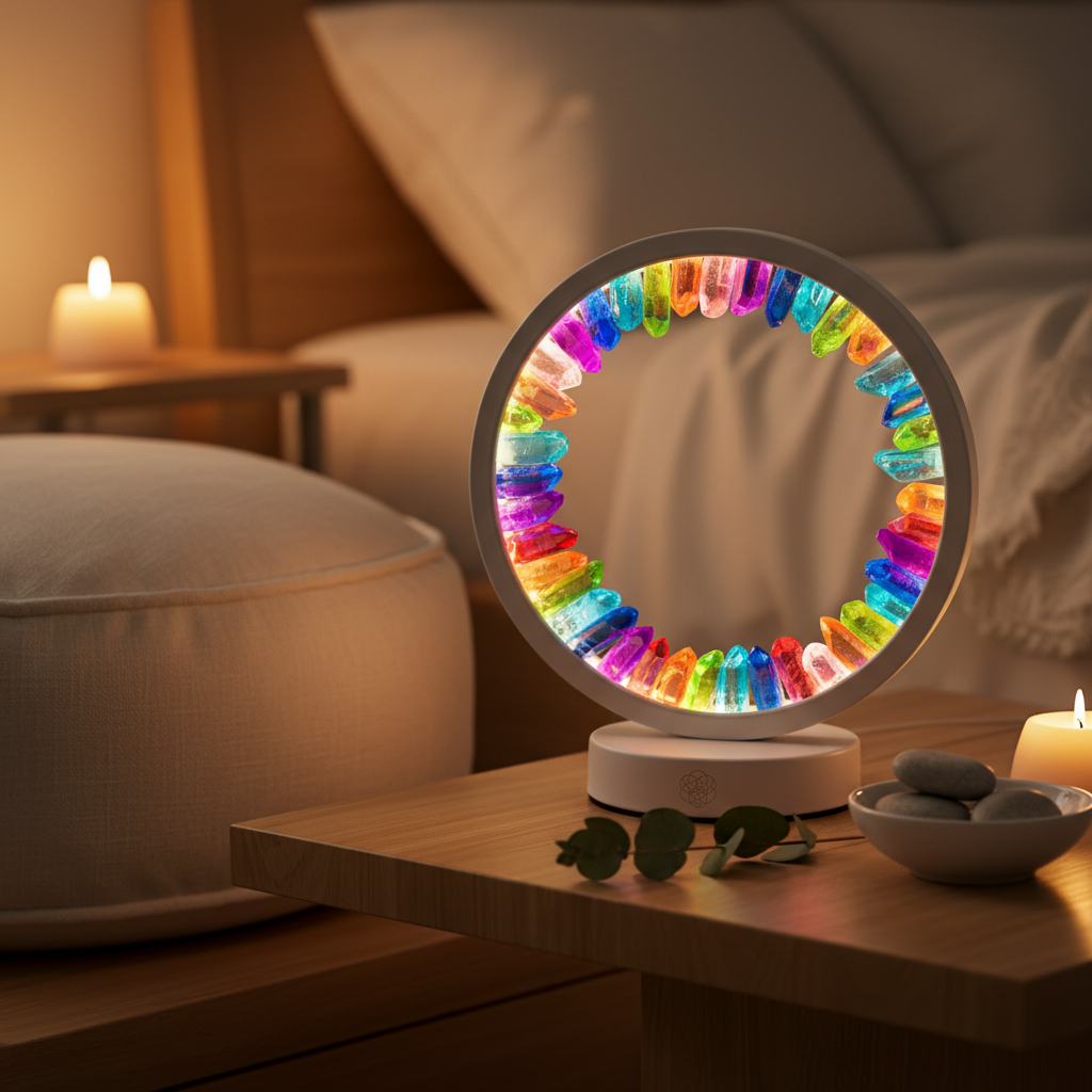 A circular halo lamp of rainbow-aura clear quartz points glowing on a wooden bedside table beside stacked stones, eucalyptus leaves, and soft candlelight. — for Carpe Diem Dream