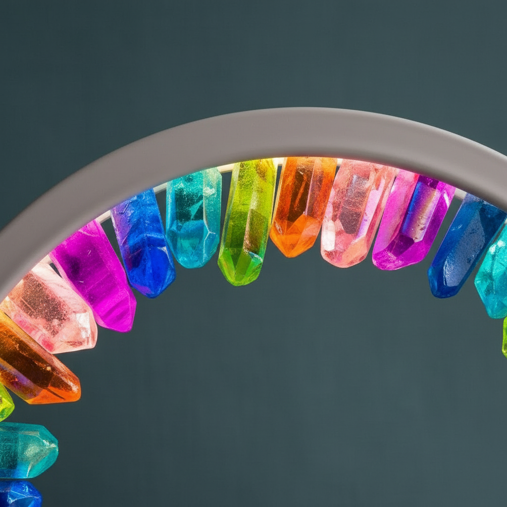 A close-up view of rainbow-aura clear quartz points lining the curved halo frame against a muted teal backdrop. — for Carpe Diem Dream