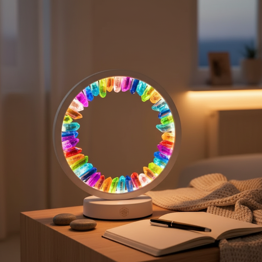 A rainbow-aura clear quartz halo lamp glowing on a wooden bedside table beside an open journal and soft knit blanket in a warmly lit room. — for Carpe Diem Dream