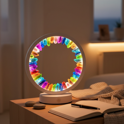 A rainbow-aura clear quartz halo lamp glowing on a wooden bedside table beside an open journal and soft knit blanket in a warmly lit room. — for Carpe Diem Dream