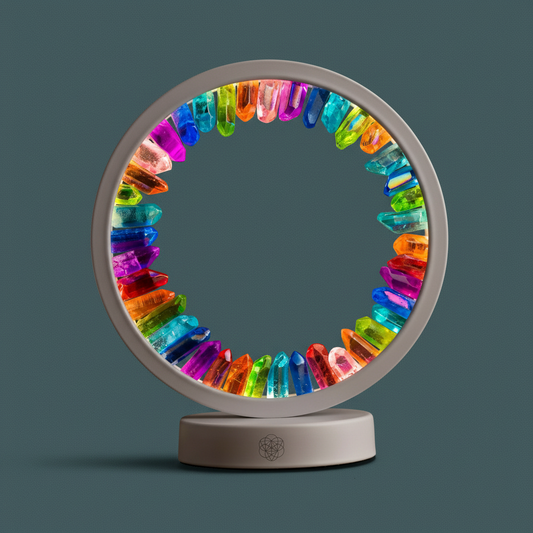 A circular halo lamp made of rainbow-aura clear quartz points displayed on a muted teal surface in soft natural light. — for Carpe Diem Dream