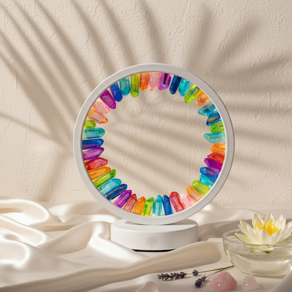 A circular halo lamp made of rainbow-aura clear quartz points displayed on soft ivory satin beside a floating lotus blossom in warm natural light. — for Carpe Diem Dream