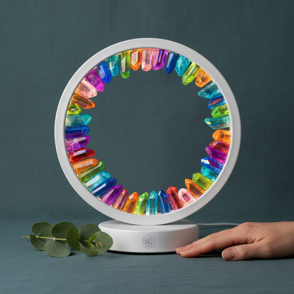 A circular halo lamp of rainbow-aura clear quartz points resting on a muted teal surface beside fresh eucalyptus leaves and a gentle hand for scale. — for Carpe Diem Dream